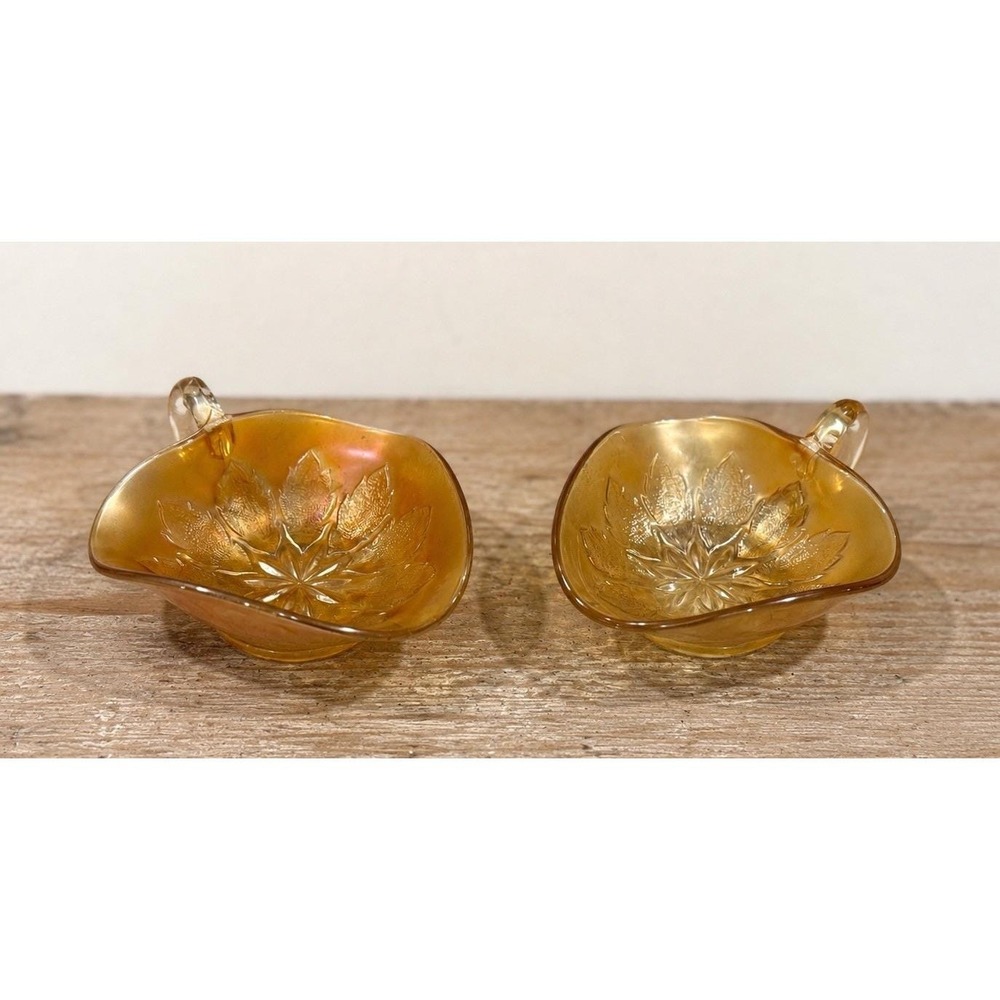 VTG Pair 2 Dugan Carnival Glass Marigold Leaf Rays Triangular Handled Nappy Dish